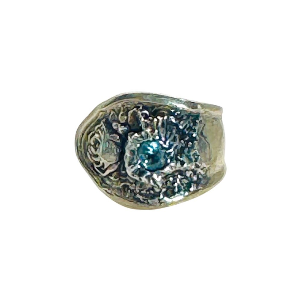 Vintage Spoon Ring With Aquamarine & Artisan Boho Metalwork Size 8 - Picture 9 of 17